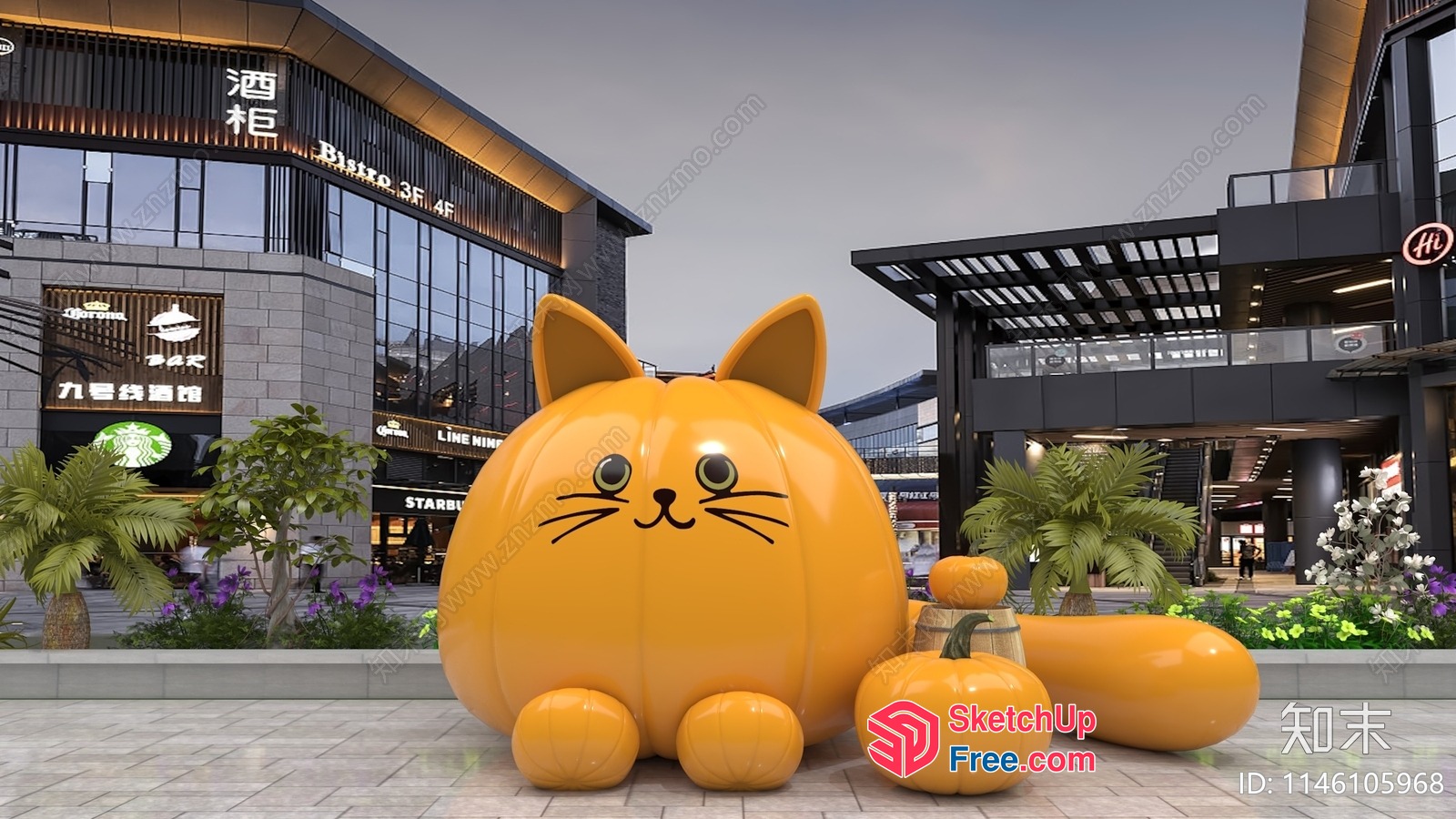 Large Yellow Cat Statue In A Modern Shopping Mall 3D SketchUp File