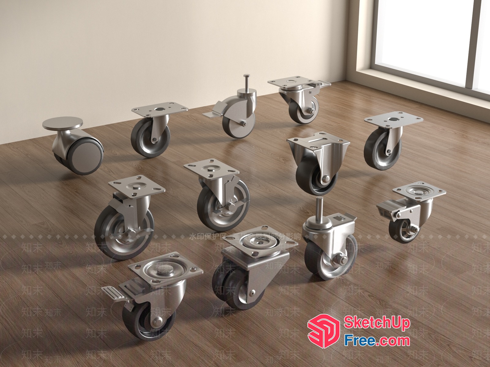 Metal Caster Wheels In A Room Setting 3D SketchUp File