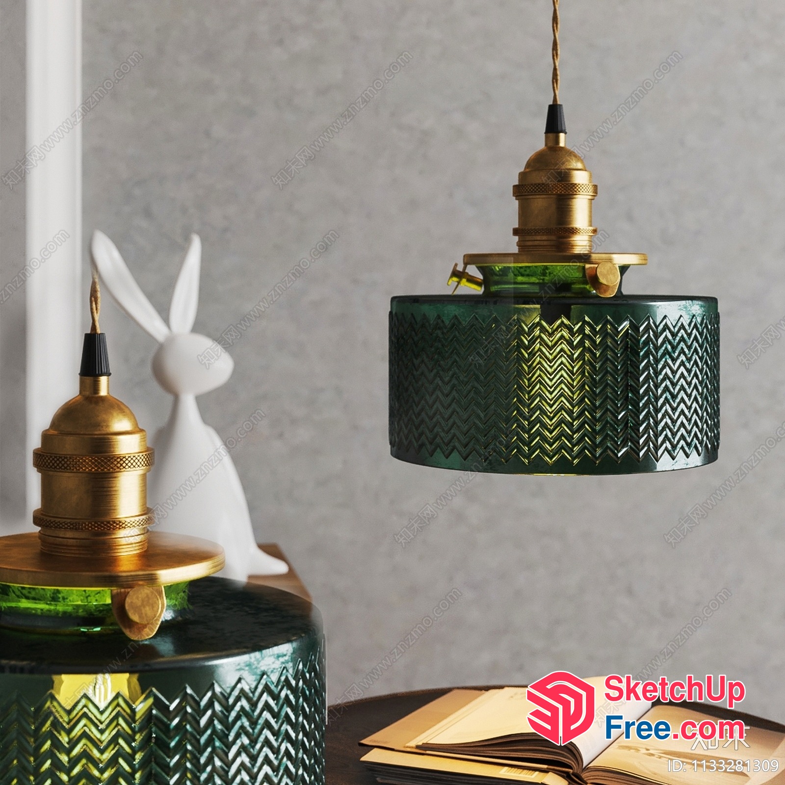 Elegant Hanging Light Fixture With Green Glass Shade And Gold Accents 3D SketchUp File