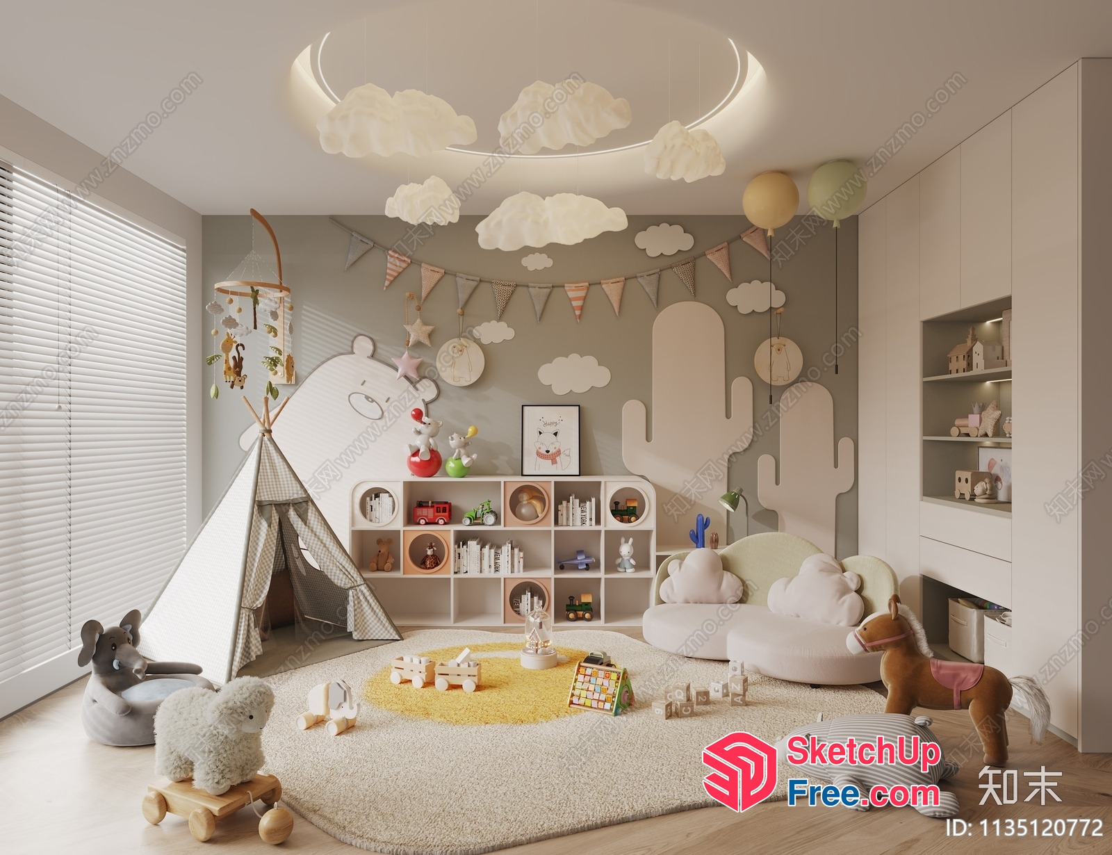 Cozy Playroom For Kids With Clouds And Cactus Decor 3D SketchUp File