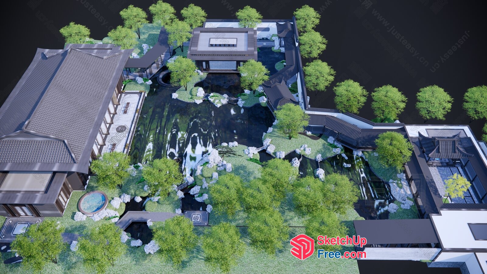Asian-Inspired Villa With Serene Courtyard And Water Features 3D SketchUp File
