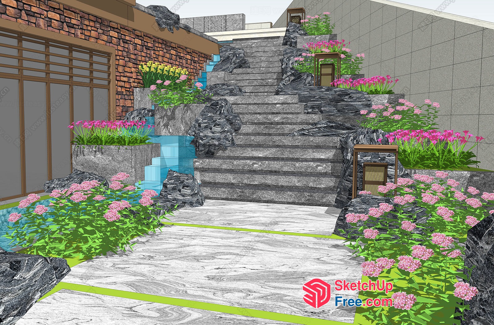 Stone Staircase With Pink Flowers And Greenery 3D SketchUp File