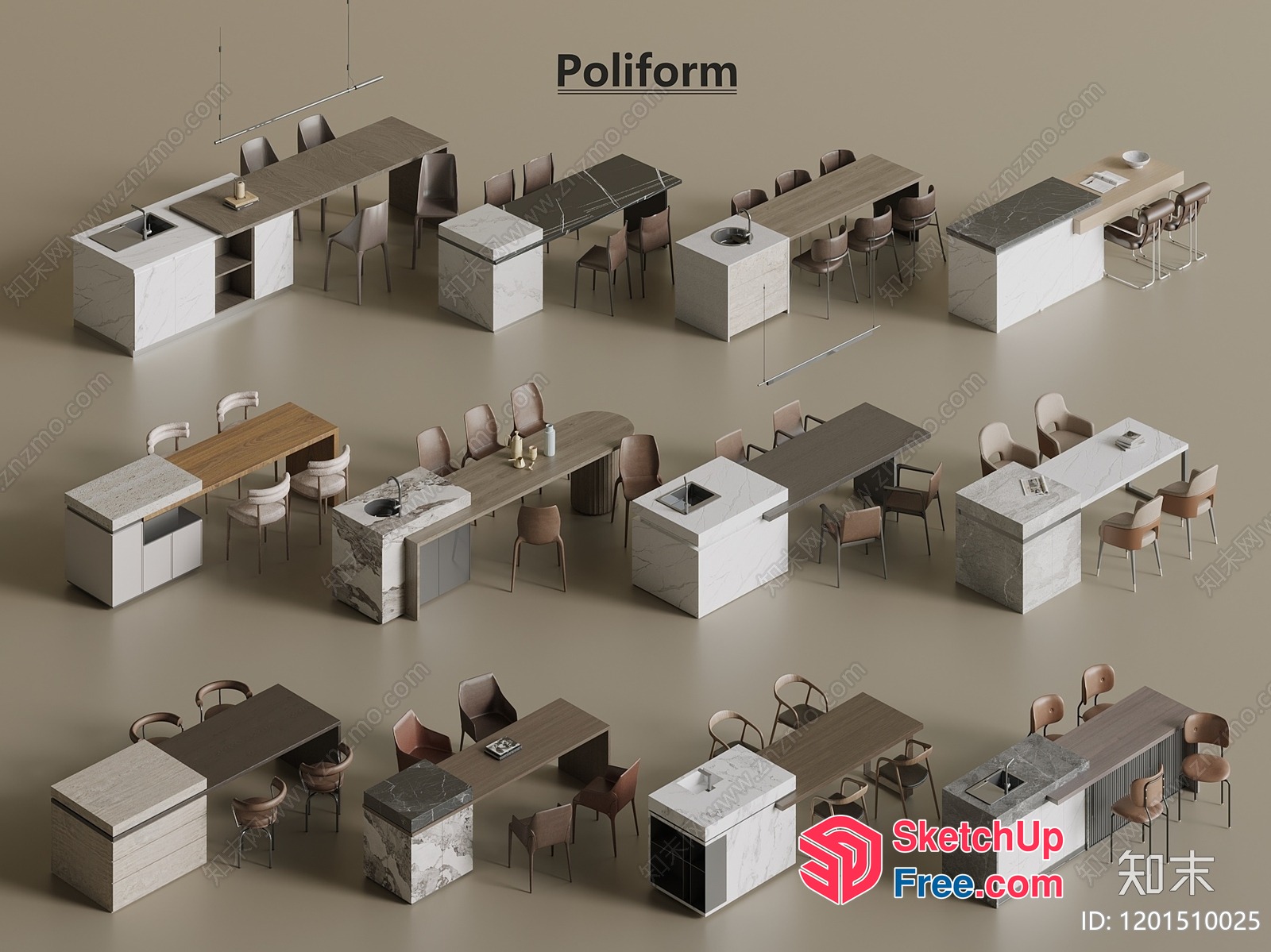 Modern Office Furniture Set With Marble And Wood 3D SketchUp File