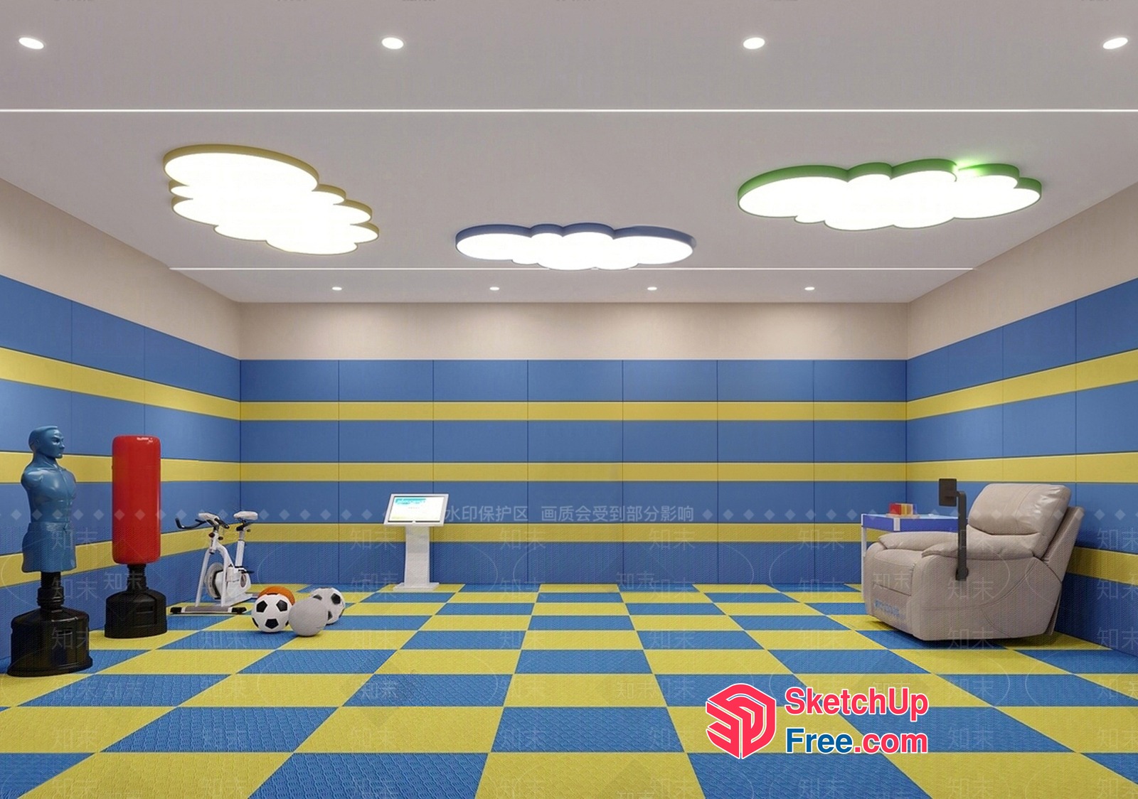 Modern Blue And Yellow Checkered Floor With Sports Equipment 3D SketchUp File