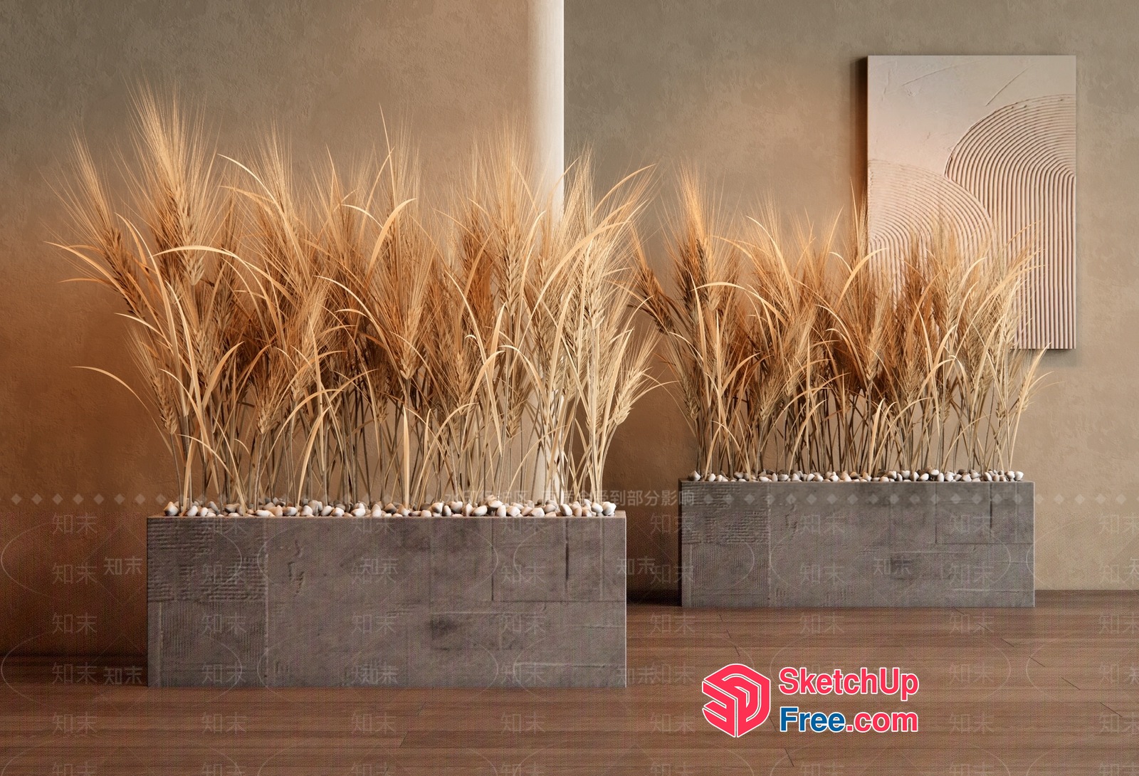 Decorative Grass Arrangement In Wooden Planters 3D SketchUp File