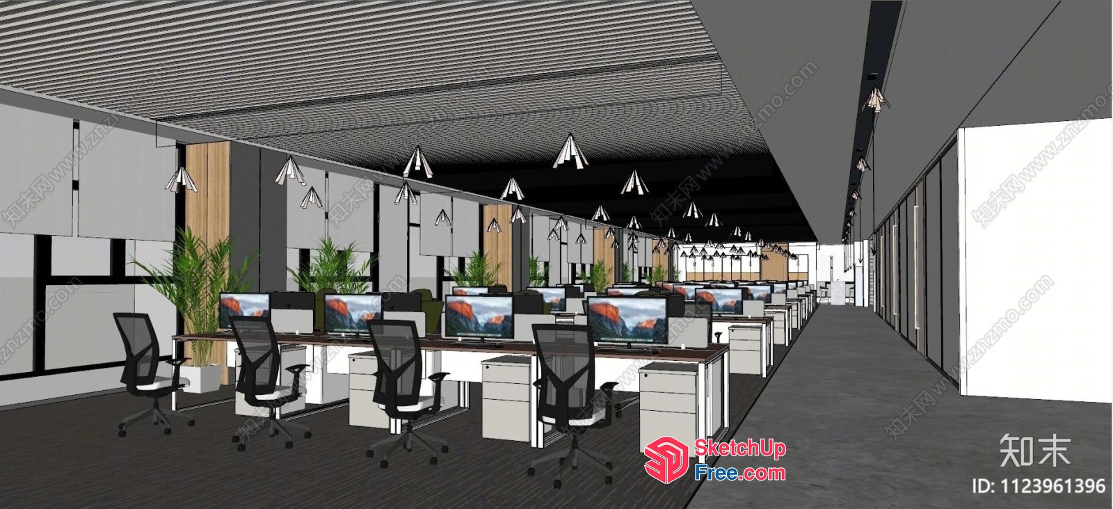 Modern Office Space With Computer Desks And Chairs 3D SketchUp File