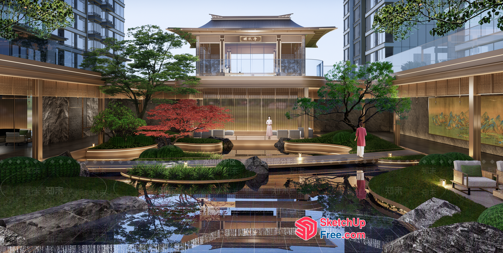 Serene Modern Japanese-Inspired Villa With Tranquil Water Feature 3D SketchUp File