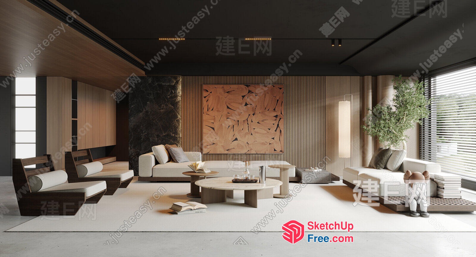 Modern Minimalist Japanese Style Living Room With Natural Elements 3D SketchUp File