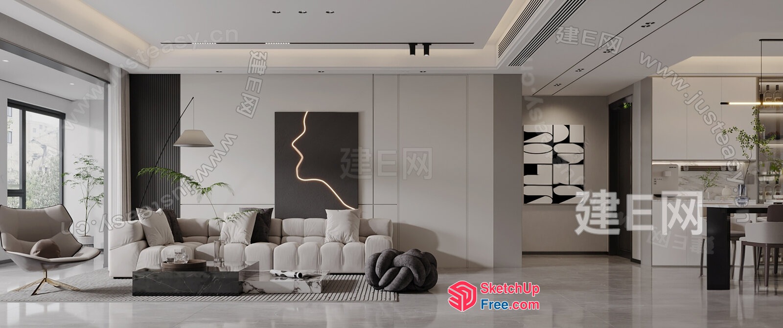 Modern Minimalist Living Room With Neutral Tones 3D SketchUp File
