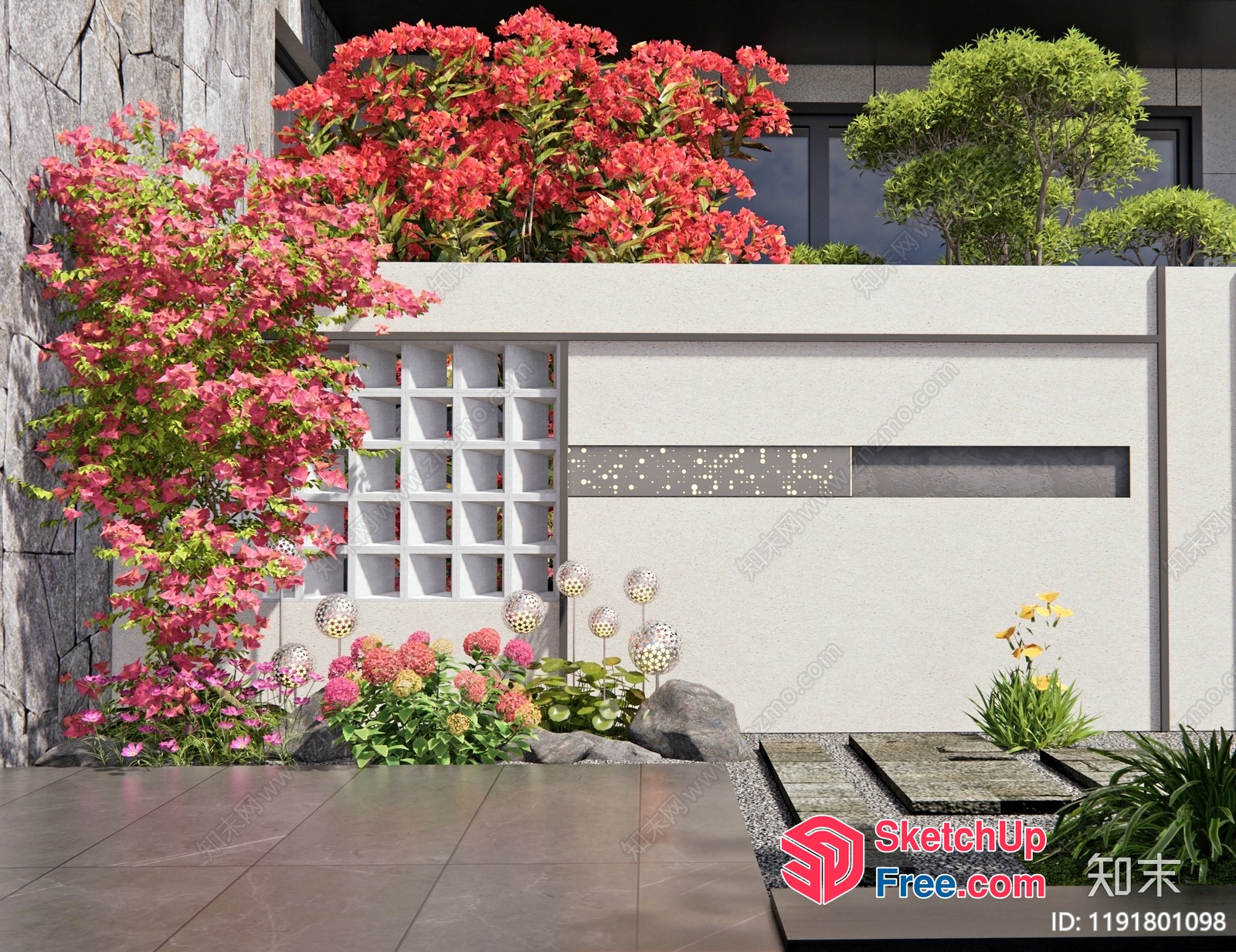 Modern Japanese-Style Garden With Pink Flowers And White Wall 3D SketchUp File