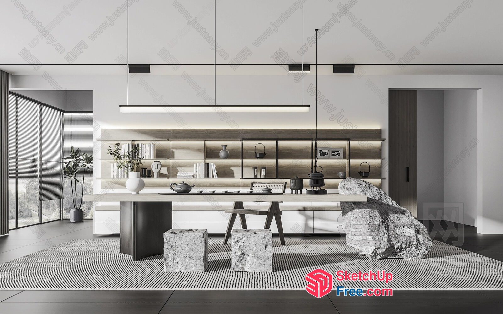 Modern Minimalist Japanese Style Office Space With Natural Elements 3D SketchUp File