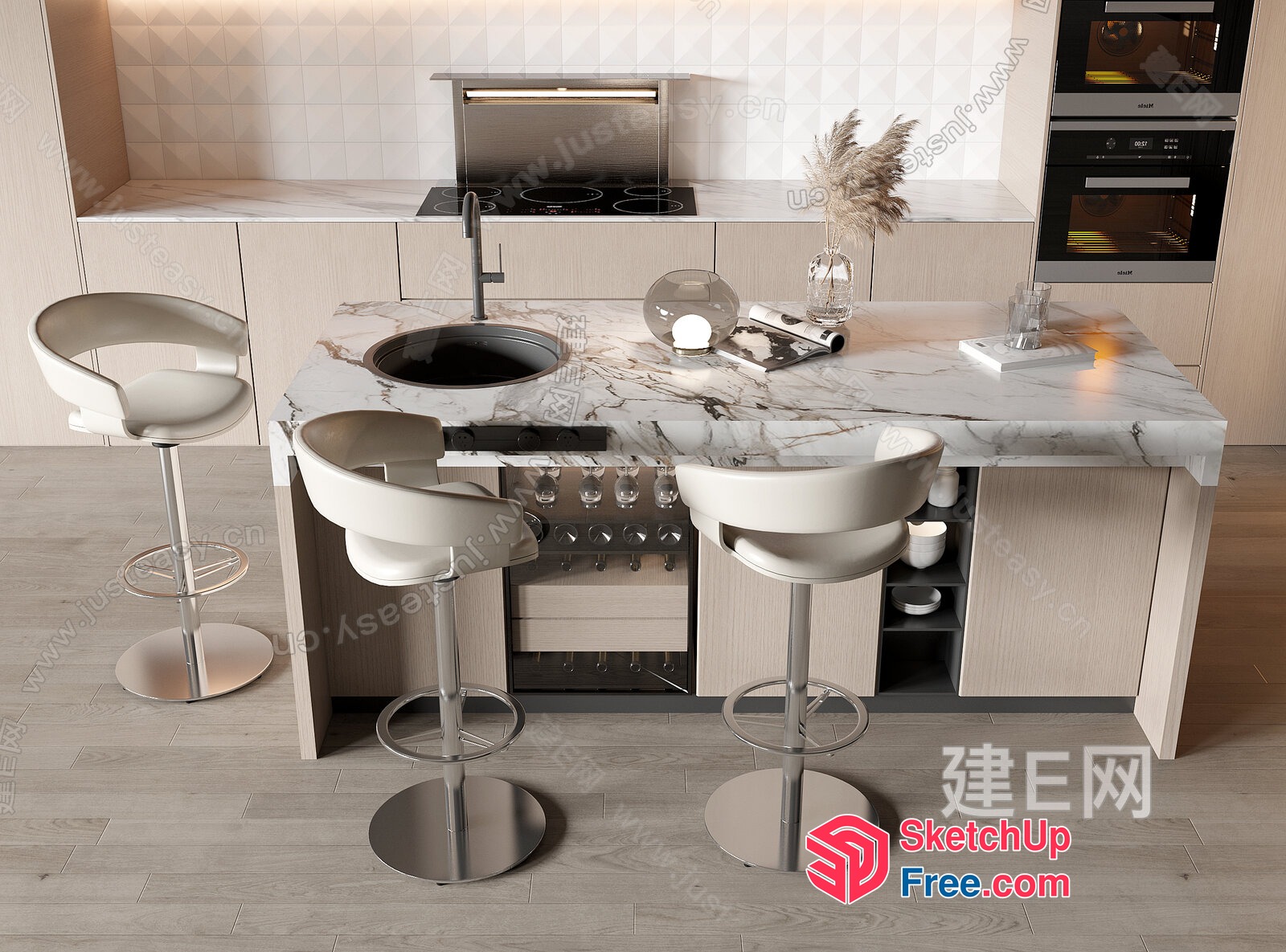 Modern Kitchen Island With White Marble Countertops 3D SketchUp File