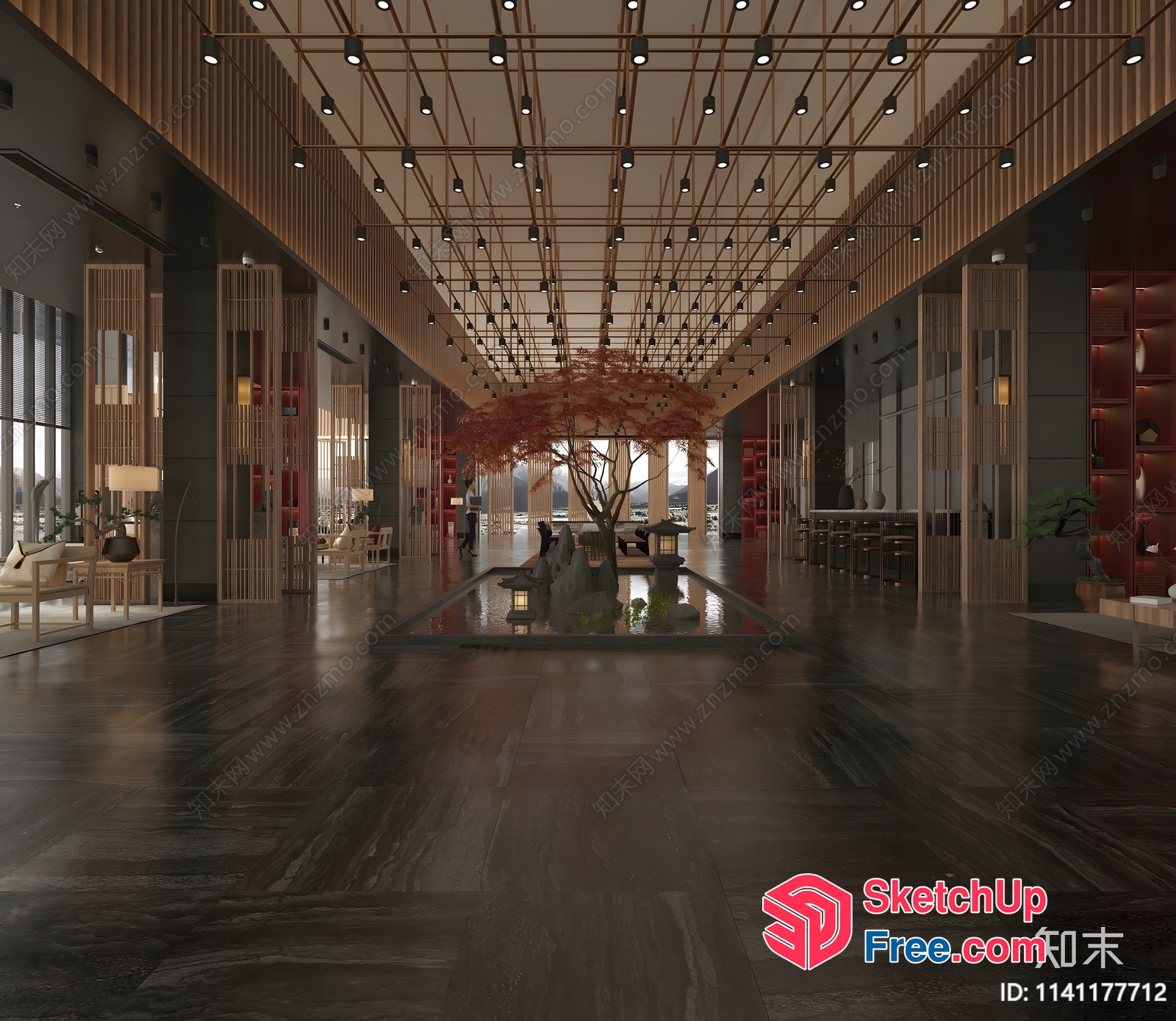 Modern Japanese-Style Interior With Dark Wood Floors And Lanterns 3D SketchUp File