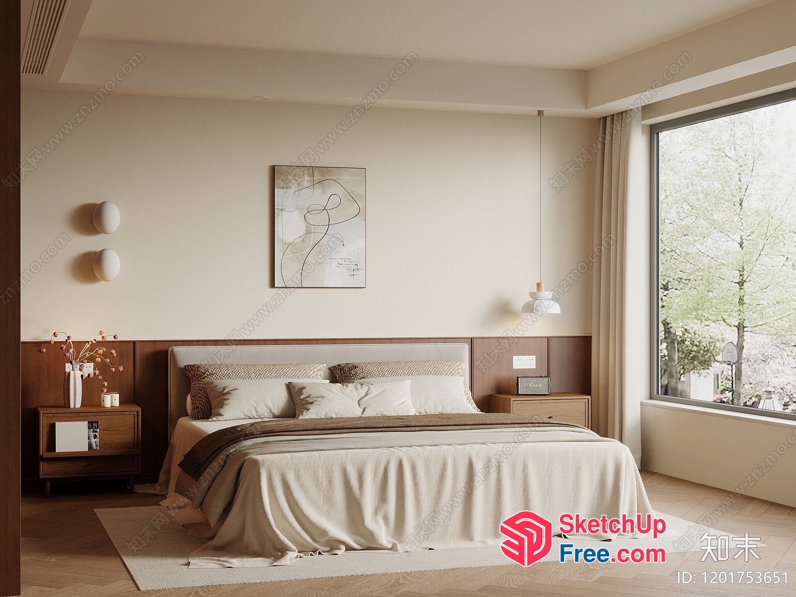 Minimalist Bedroom Interior With Creamy Style Decor 3D SketchUp File
