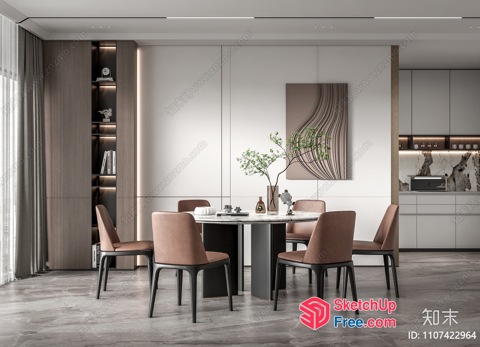 Modern Minimalist Dining Room With Brown Chairs And Table 3D SketchUp File