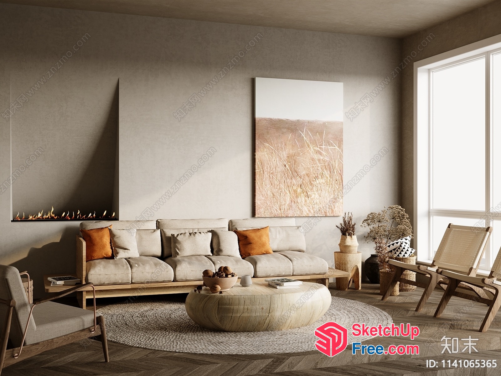 Cozy Minimalist Living Room With Fireplace And Natural Decor 3D SketchUp File