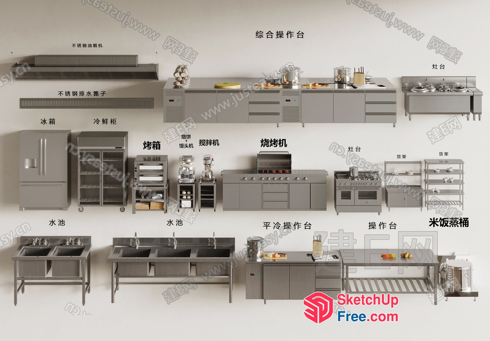 Modern Kitchen Layout With Stainless Steel Appliances 3D SketchUp File