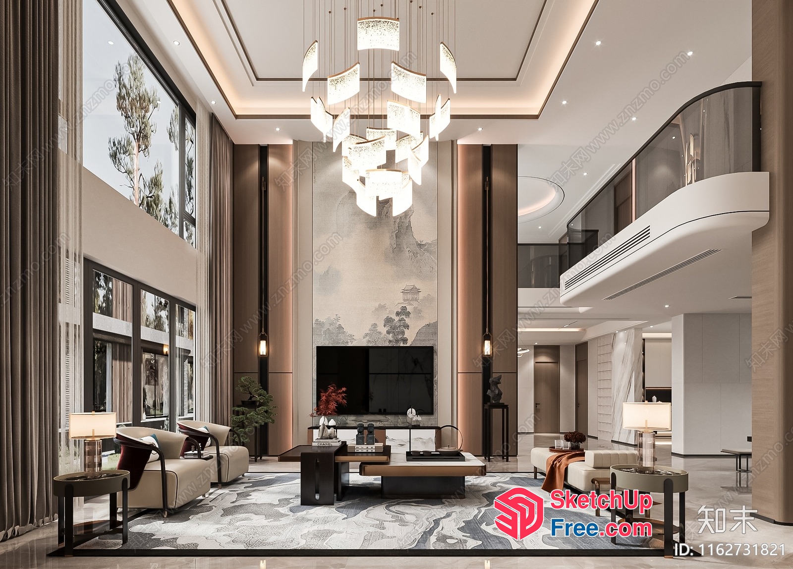 Luxurious Modern Living Room With High Ceiling And Pillars 3D SketchUp File