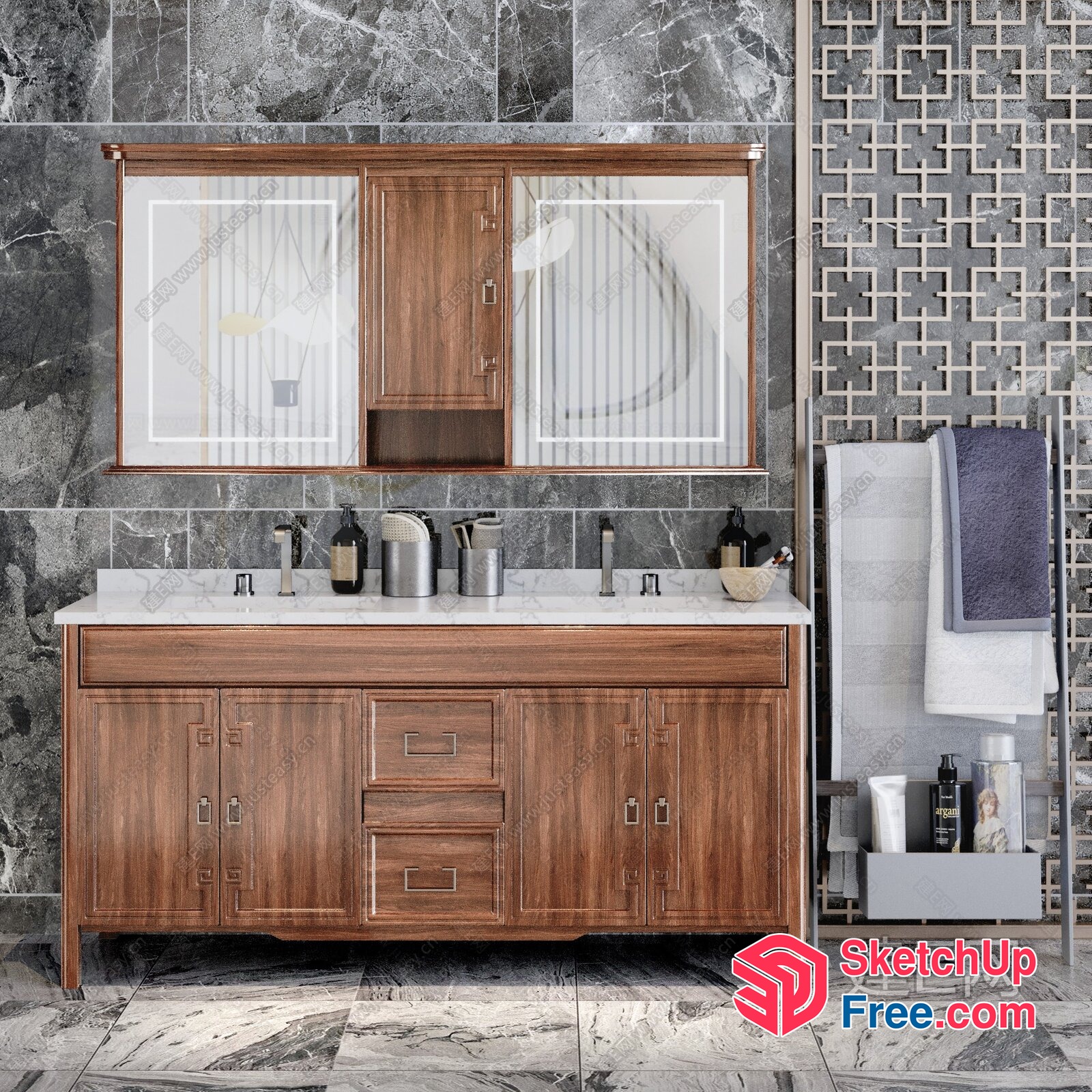 Modern Bathroom Vanity With Marble Top And Wooden Cabinet 3D SketchUp File