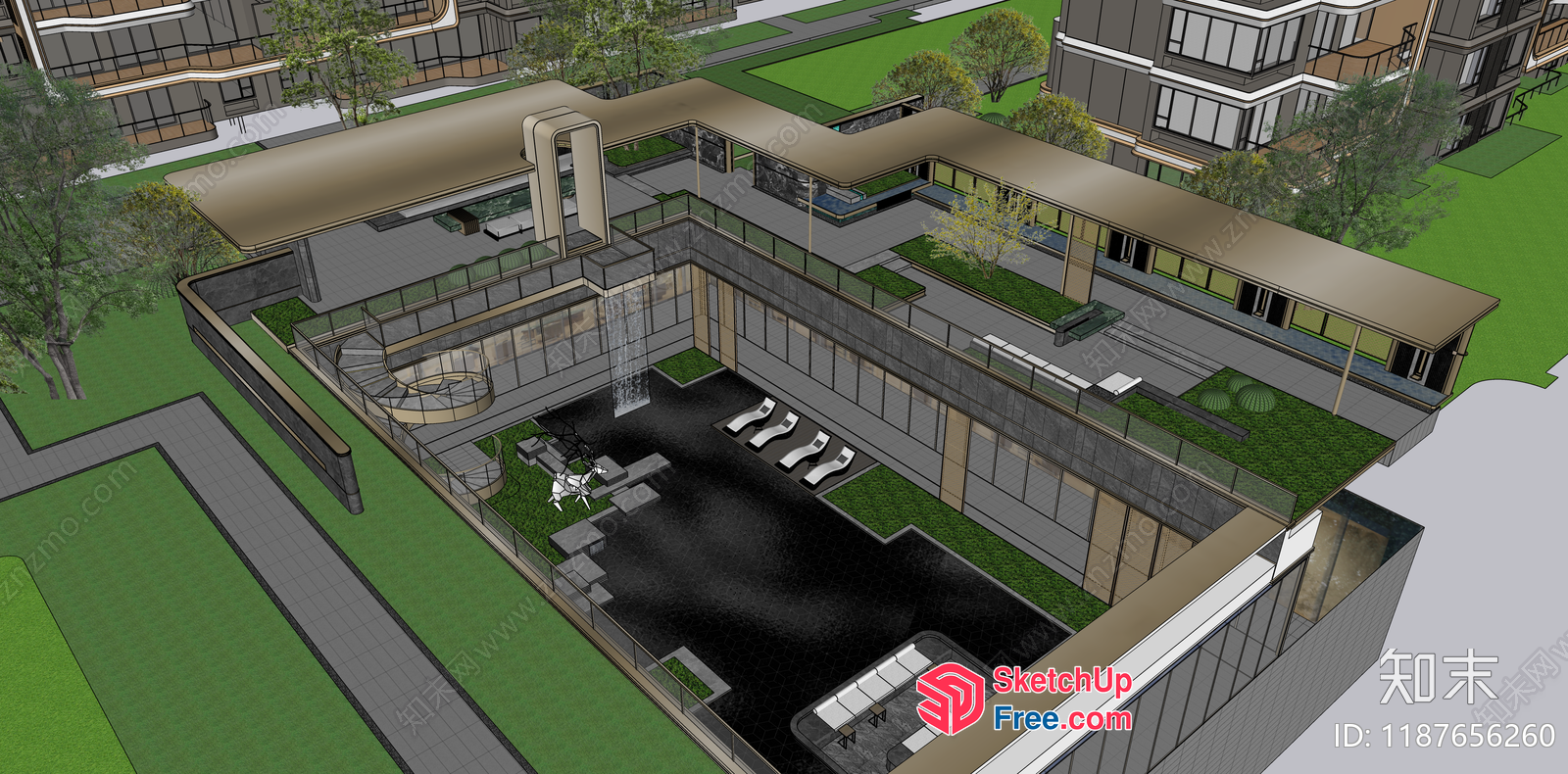 Modern Building With Glass Curtain Wall And Outdoor Seating 3D SketchUp File