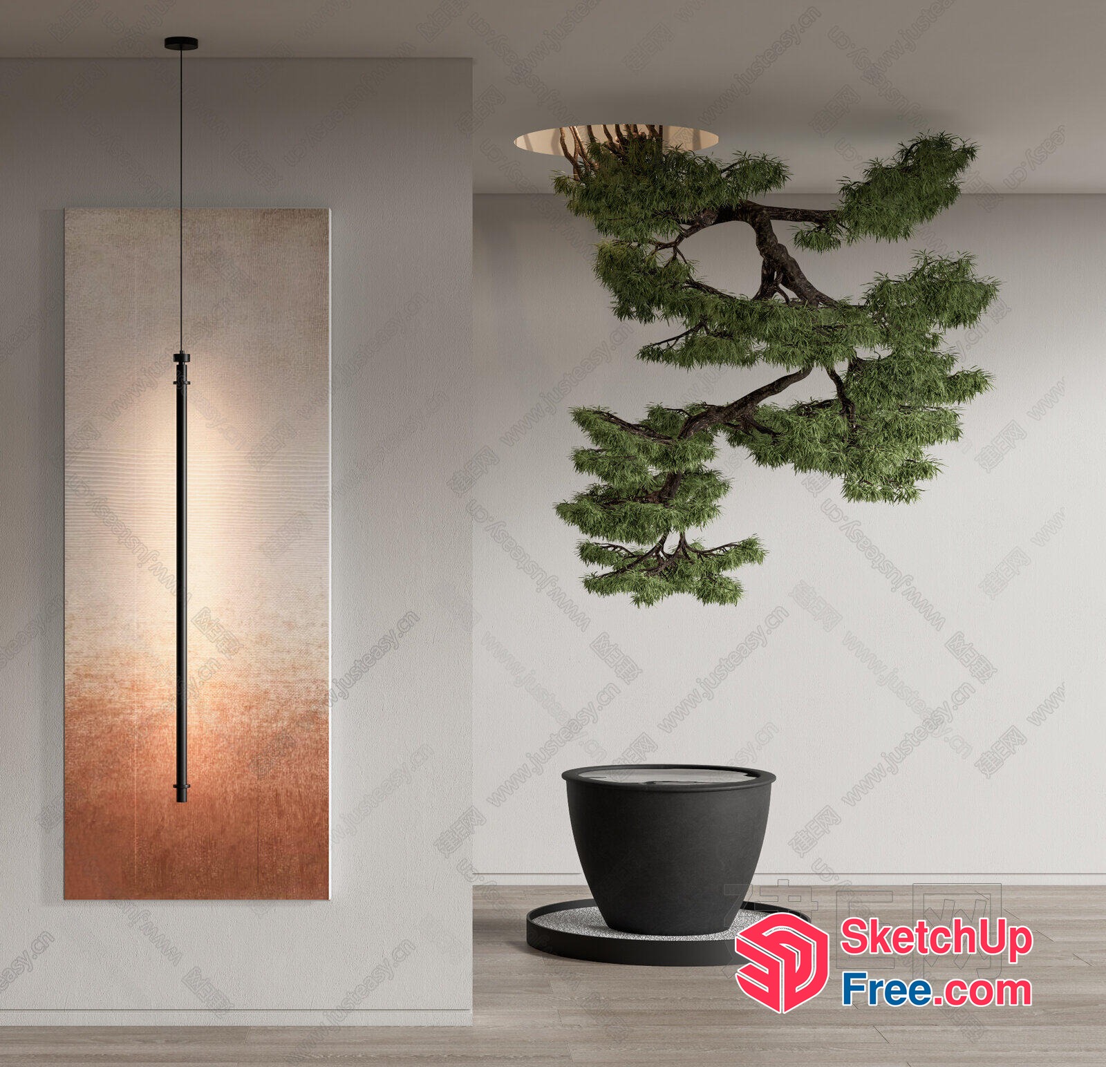 Modern Japanese Style Living Room With Hanging Light And Tree 3D SketchUp File
