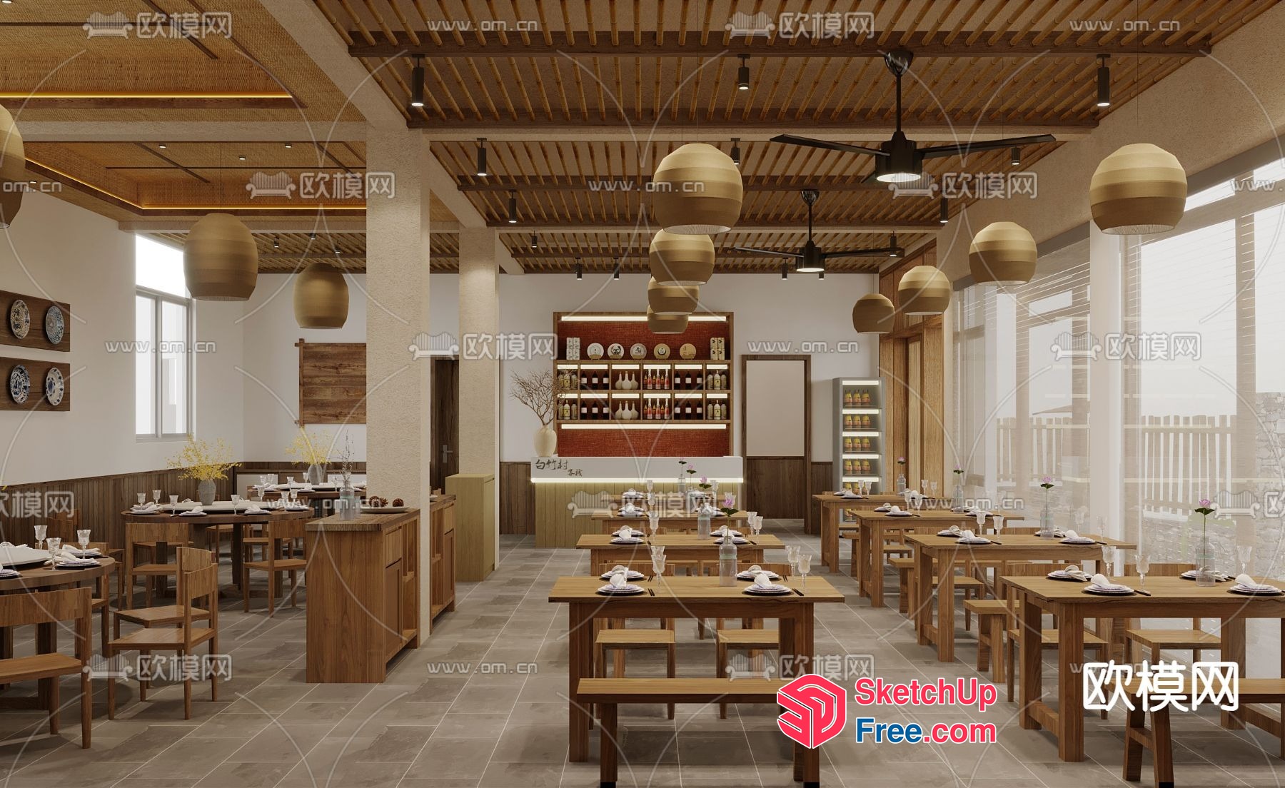 Modern Asian Restaurant Interior With Wooden Accents And Natural Light 3D SketchUp File