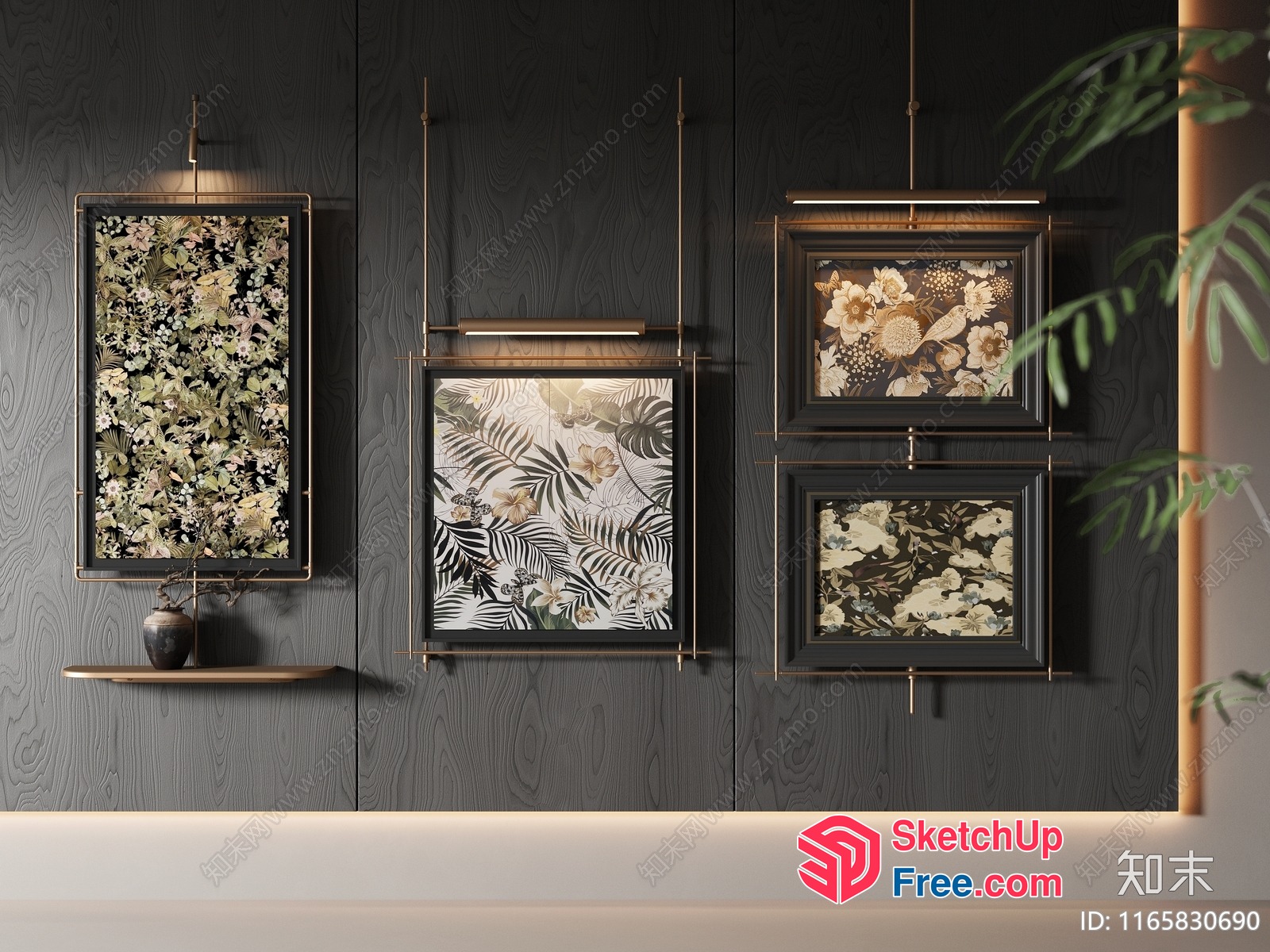 Elegant Dark Wood Panelled Wall Decor With Hanging Picture Frames 3D SketchUp File