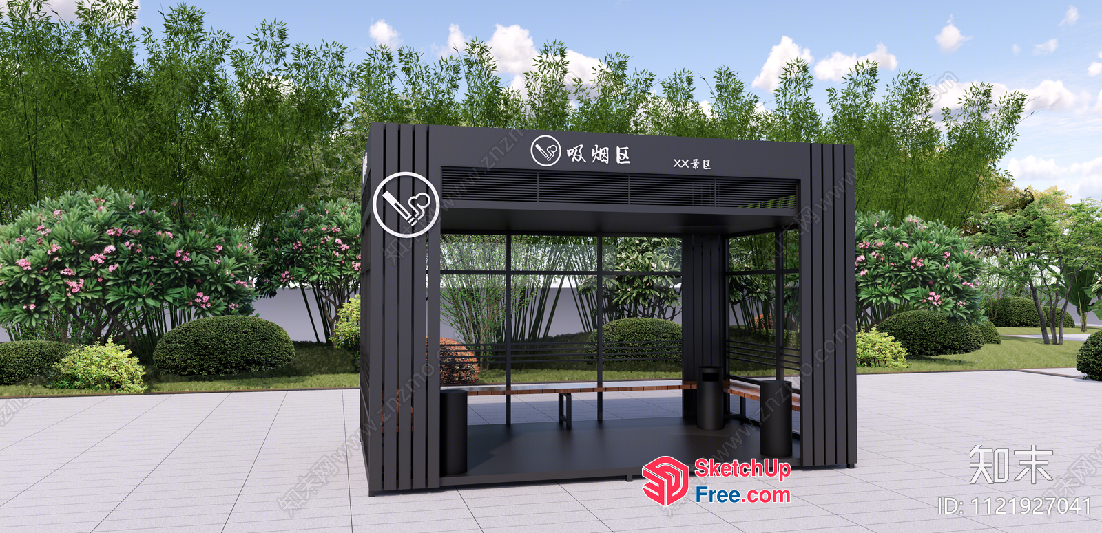 Modern Black Bus Stop With Glass Walls And Seating 3D SketchUp File