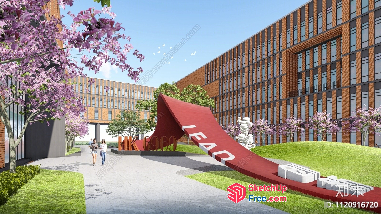 Modern Building With Unique Sculpture And Green Spaces 3D SketchUp File
