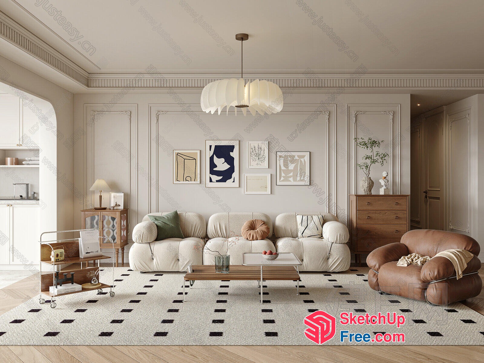 Elegant Creamy Style Living Room Furniture 3D SketchUp File
