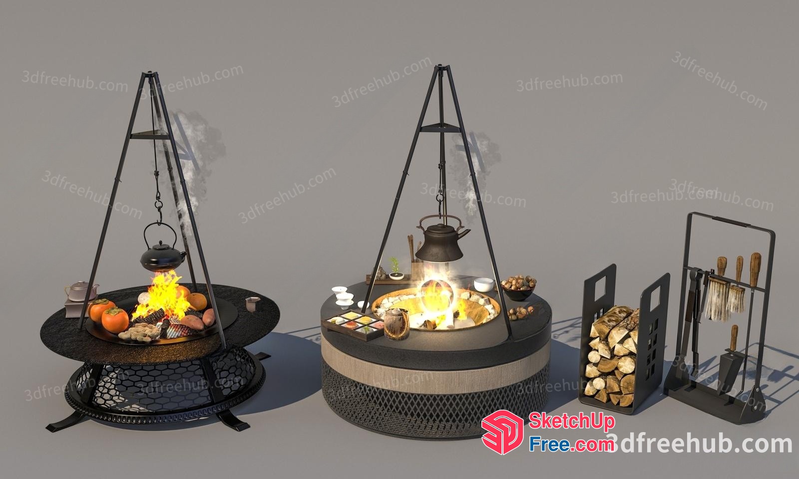 Cozy Outdoor Cooking Scene With Hanging Fire Pit 3D SketchUp File
