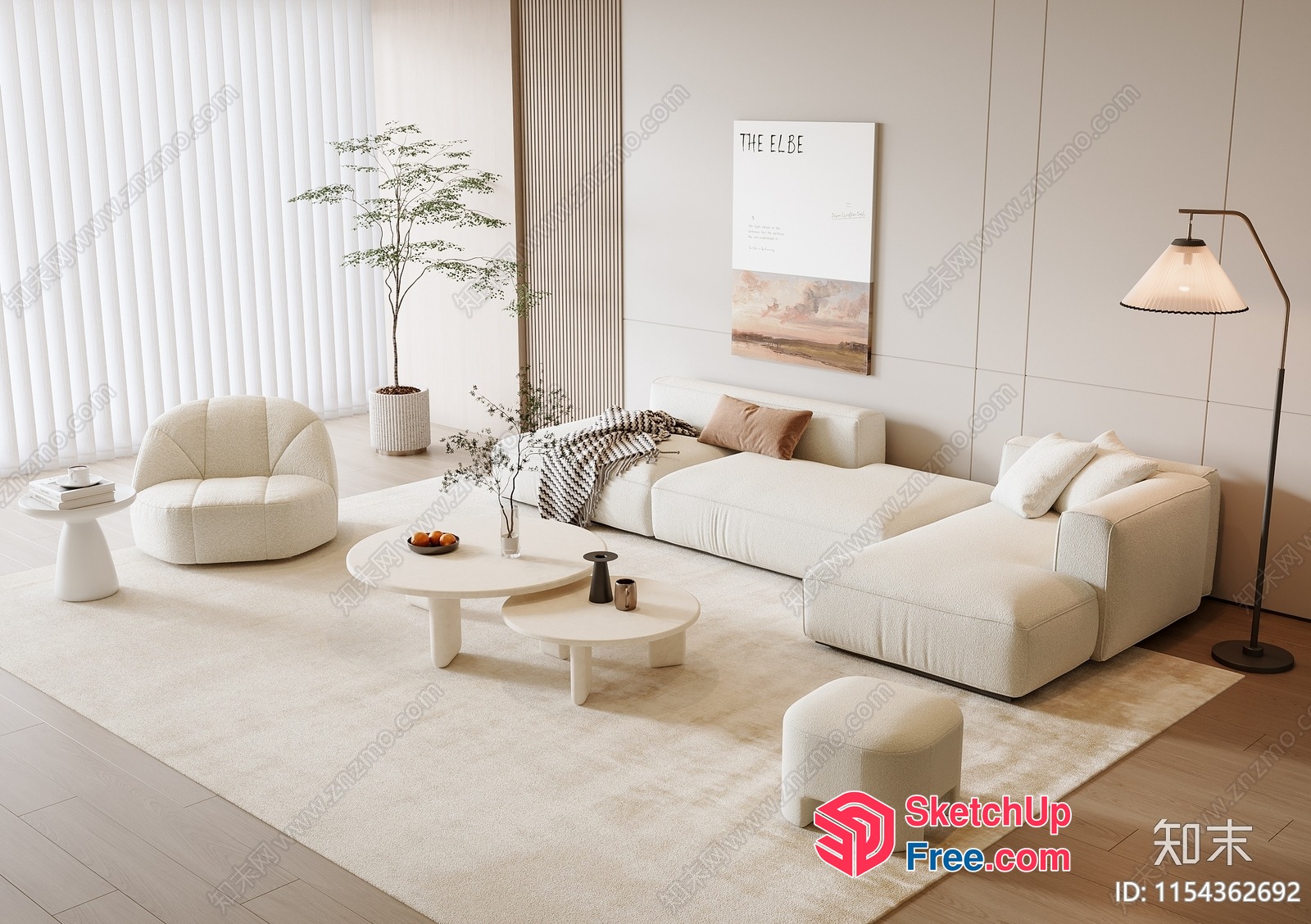 Elegant Minimalist Living Room With Creamy Style Furniture 3D SketchUp File