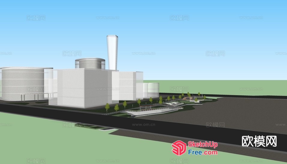 3D Architectural Rendering Of Modern Industrial Building With Tower 3D SketchUp File