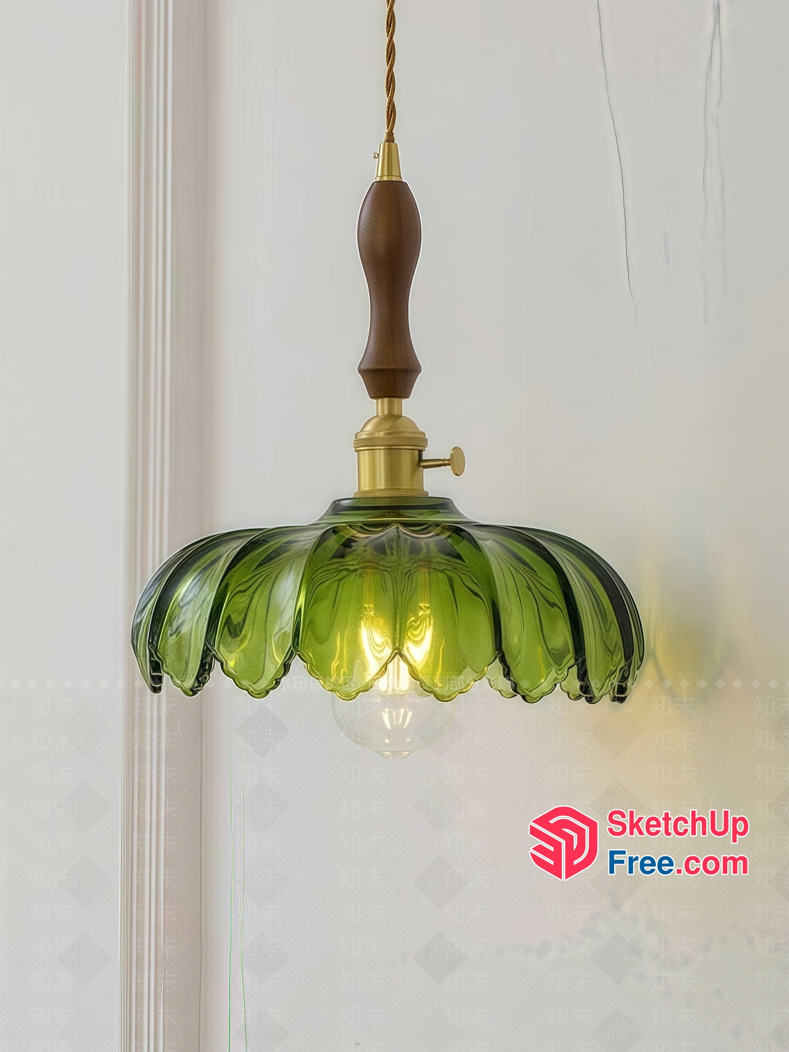Elegant Hanging Light Fixture With Green Glass Shade And Brass Accents 3D SketchUp File