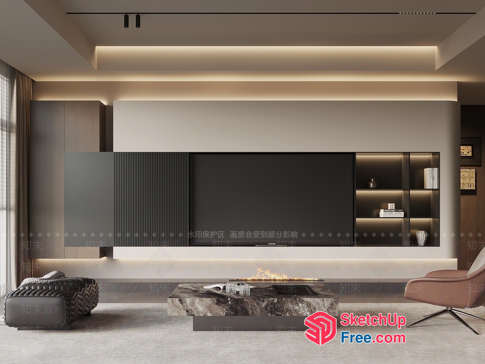 Modern Minimalist Living Room With Sleek Furniture And Fireplace 3D SketchUp File