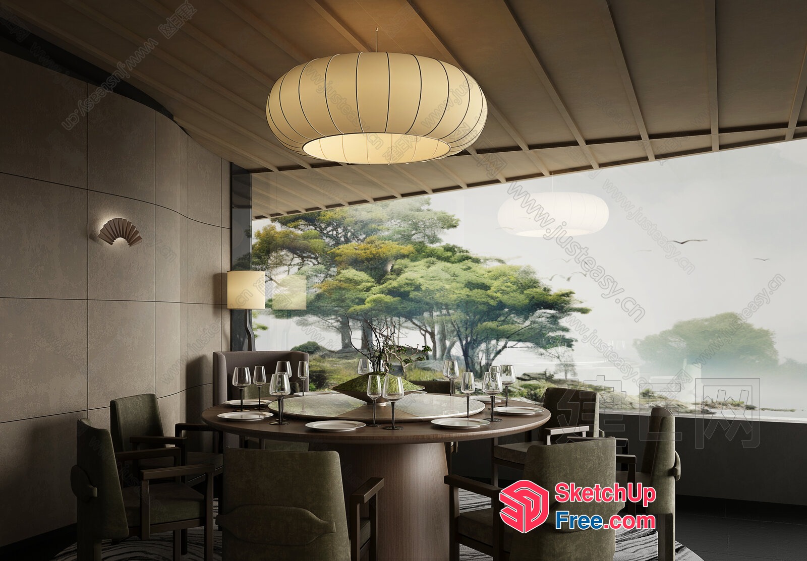 Elegant Dining Room With Serene Landscape View 3D SketchUp File