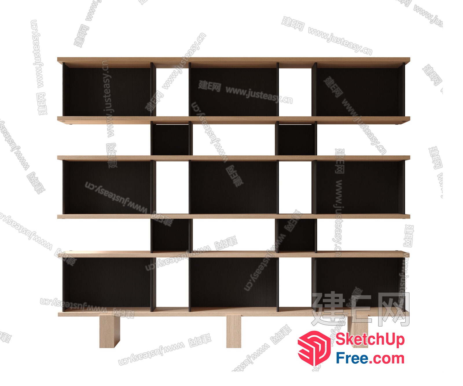 Wooden Bookcase With Multiple Shelves And Black Interior 3D SketchUp File