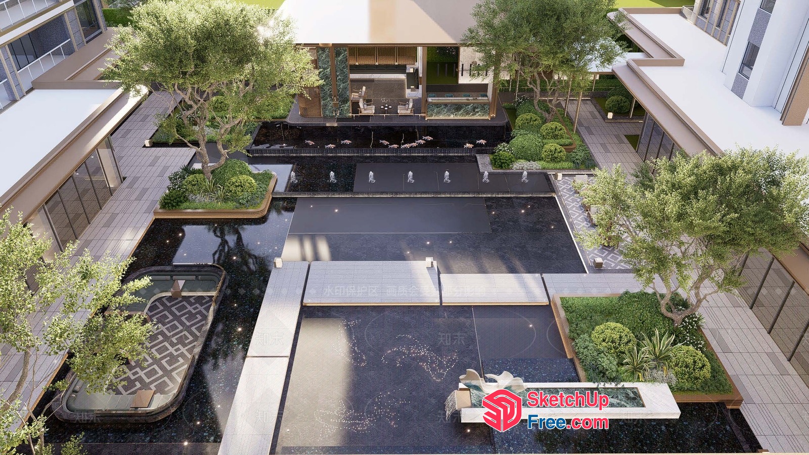 Modern Luxury Outdoor Space With Water Features 3D SketchUp File