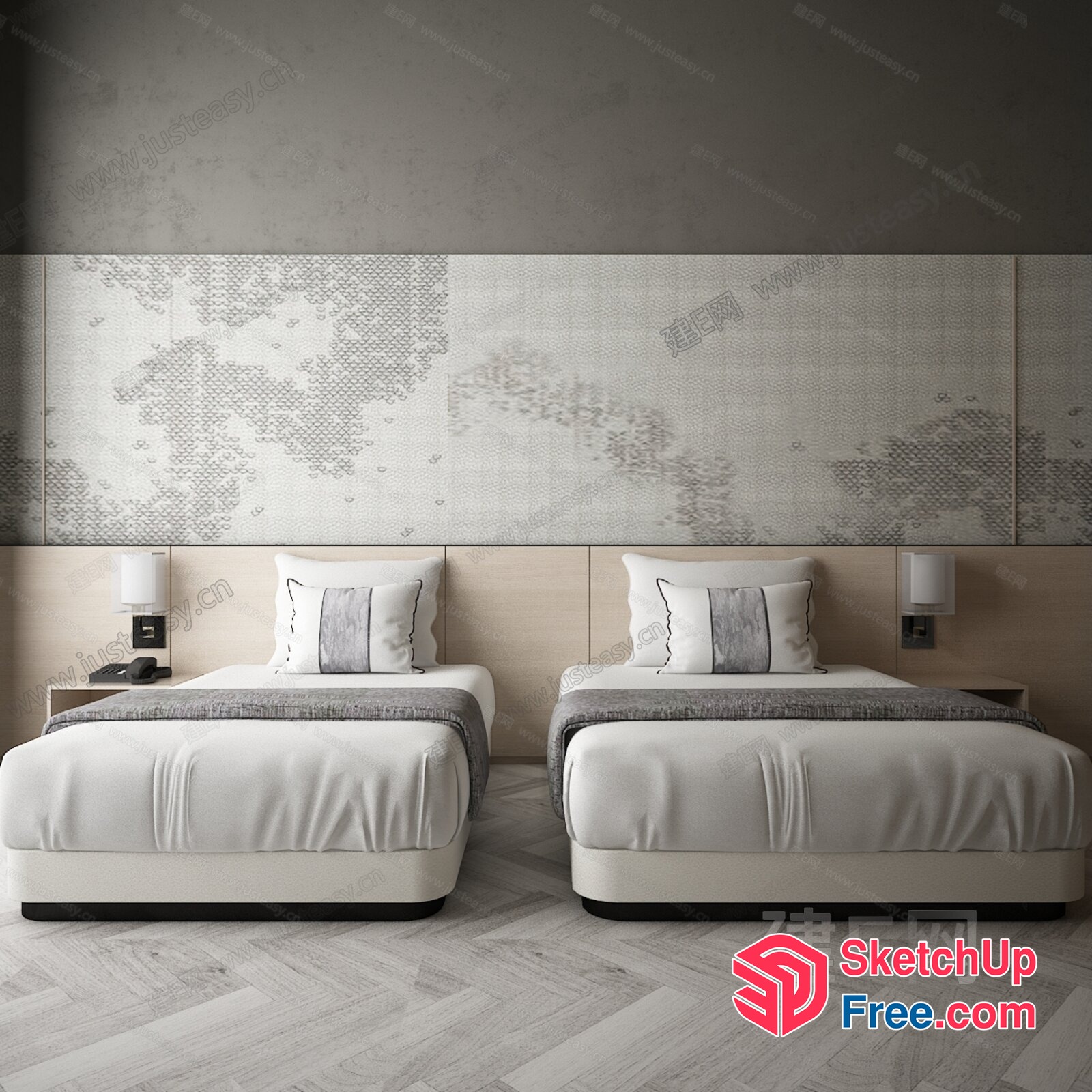 Two Twin Beds In A Minimalist Bedroom 3D SketchUp File
