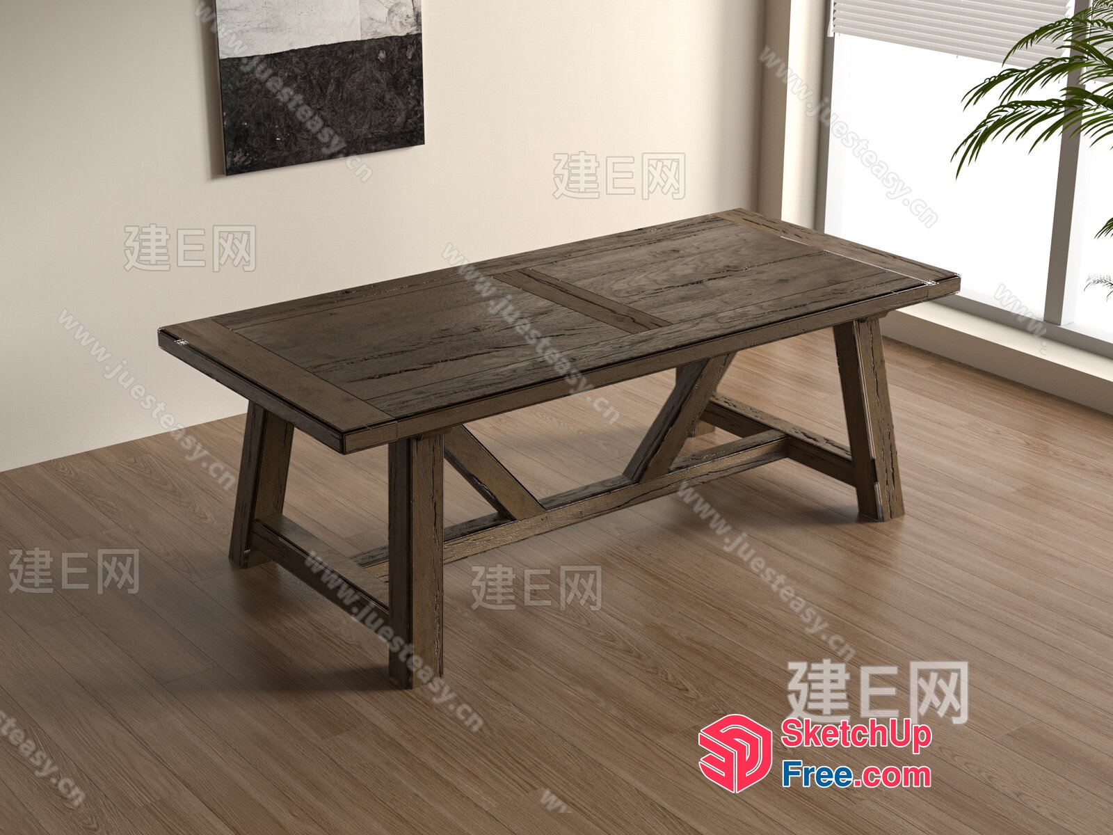 Wooden Table In A Modern Room Setting 3D SketchUp File