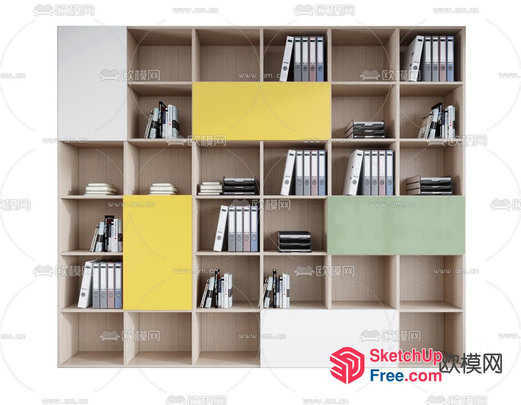 Modern Bookcase With Natural Wood And Colorful Shelves 3D SketchUp File