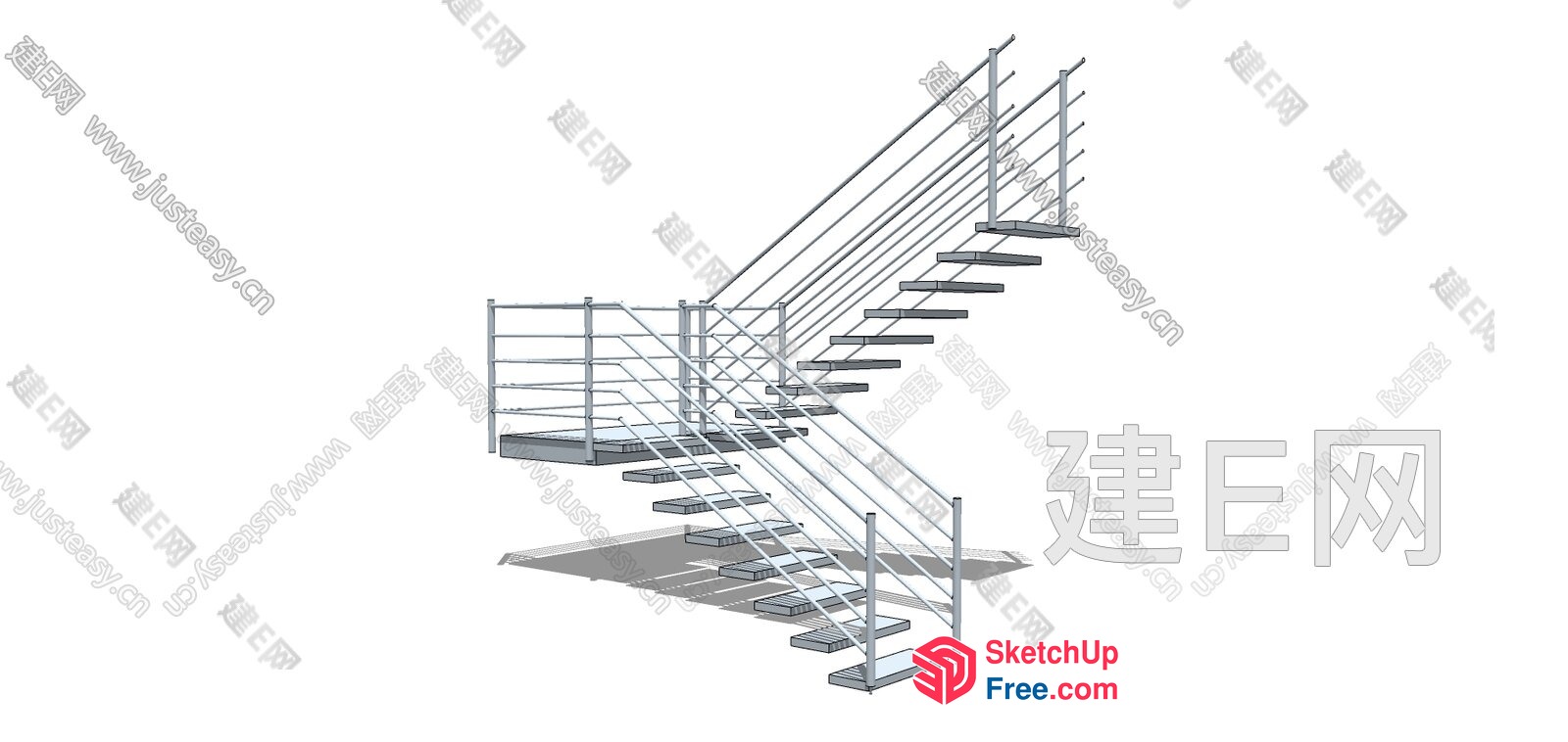 Modern Staircase With Railings And Landing 3D SketchUp File