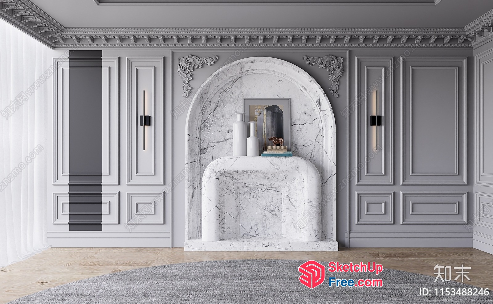 Classic White Marble Fireplace With Decorative Arch 3D SketchUp File