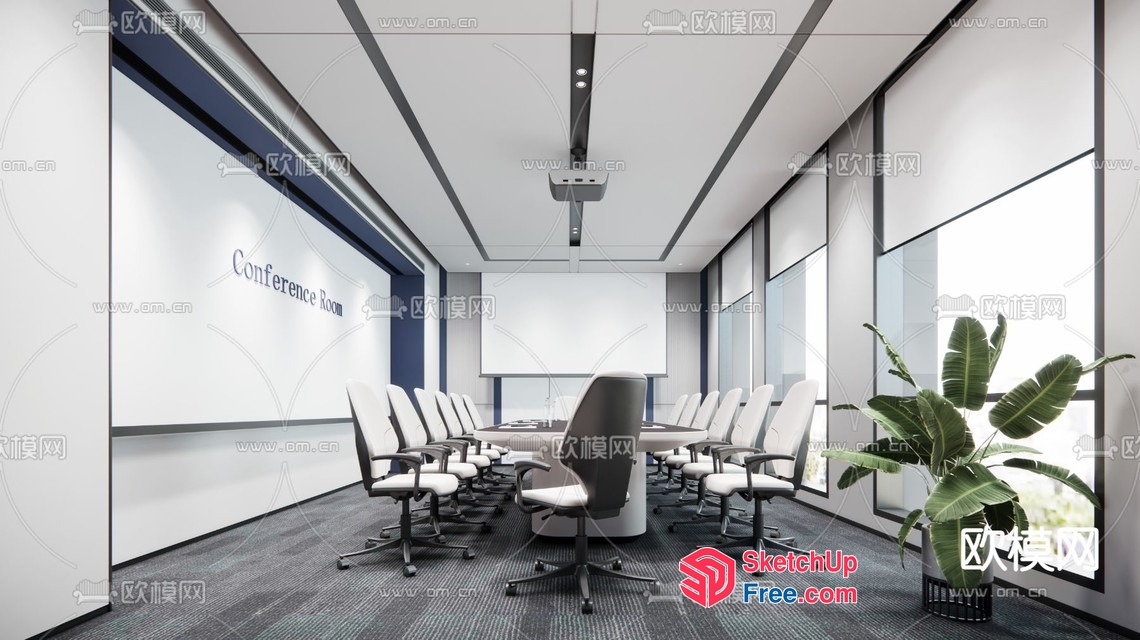 Conference Room With Large Table And White Chairs 3D SketchUp File