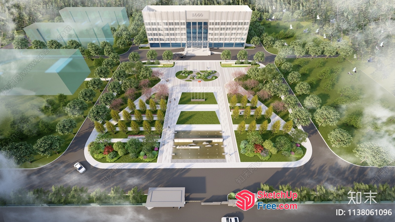 Modern Office Building With Glass Curtain Wall And Lush Greenery 3D SketchUp File