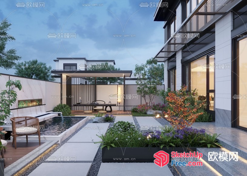 Modern Japanese-Style Home Exterior With Garden And Pool 3D SketchUp File