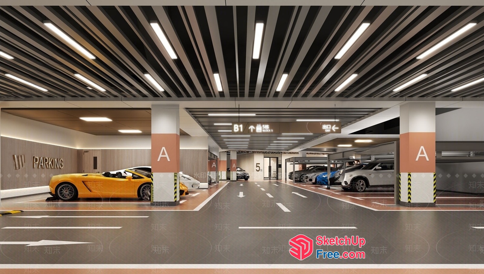 Parking Garage With Sports Cars 3D SketchUp File