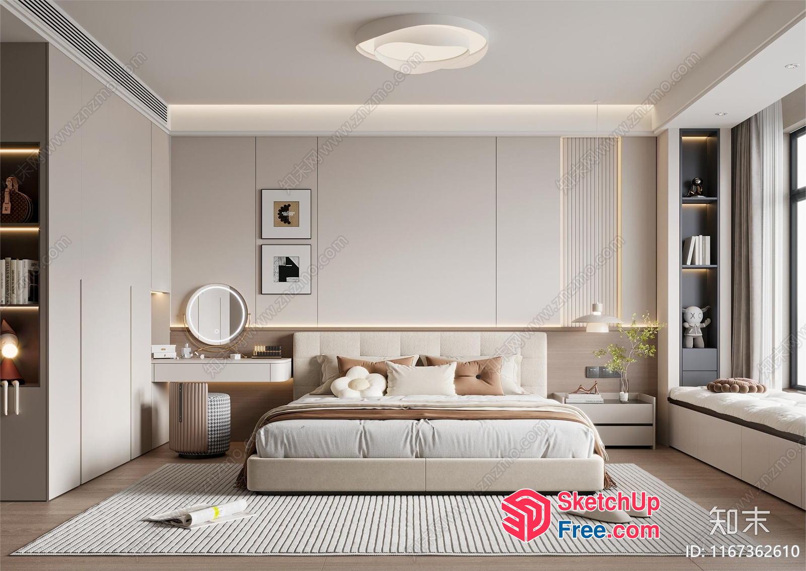 Modern Minimalist Neutral Color Bedroom Interior 3D SketchUp File