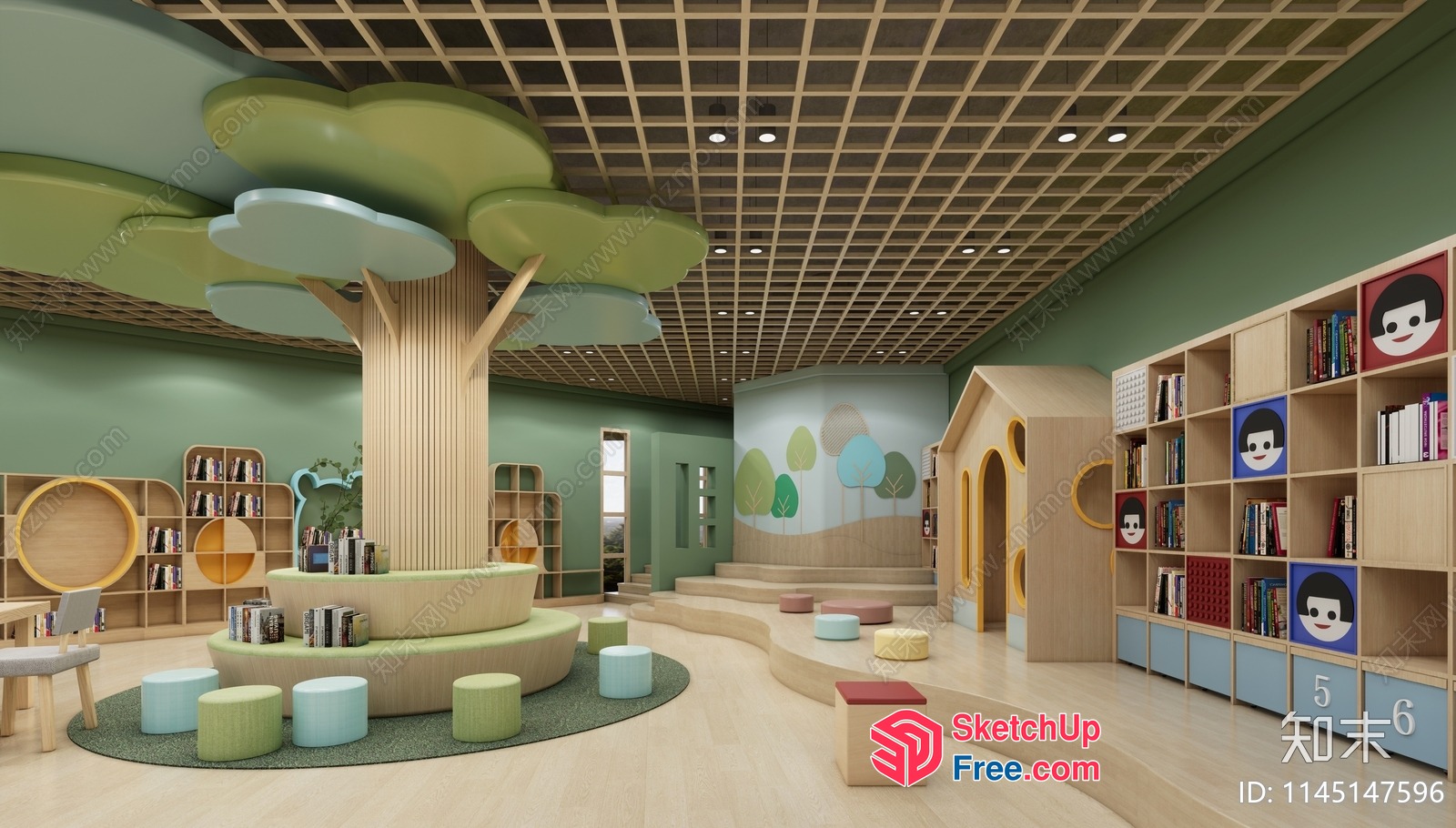 Modern Library Interior With Tree-Shaped Bookshelf 3D SketchUp File
