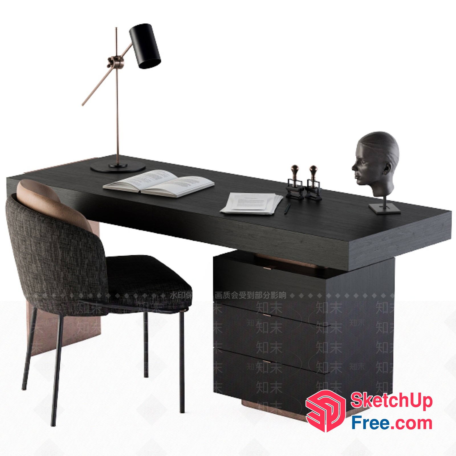 Elegant Black Office Desk With Minimalist Chair And Decor 3D SketchUp File